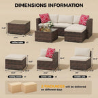 5-Piece Patio Sectional Sofa Set, All-Weather Brown PE Rattan Outdoor Conversation Furniture with Neutral-Tone Cushions, Glass Coffee Table & Footstool, Modular Design for Garden, Porch, Balcony, Pool