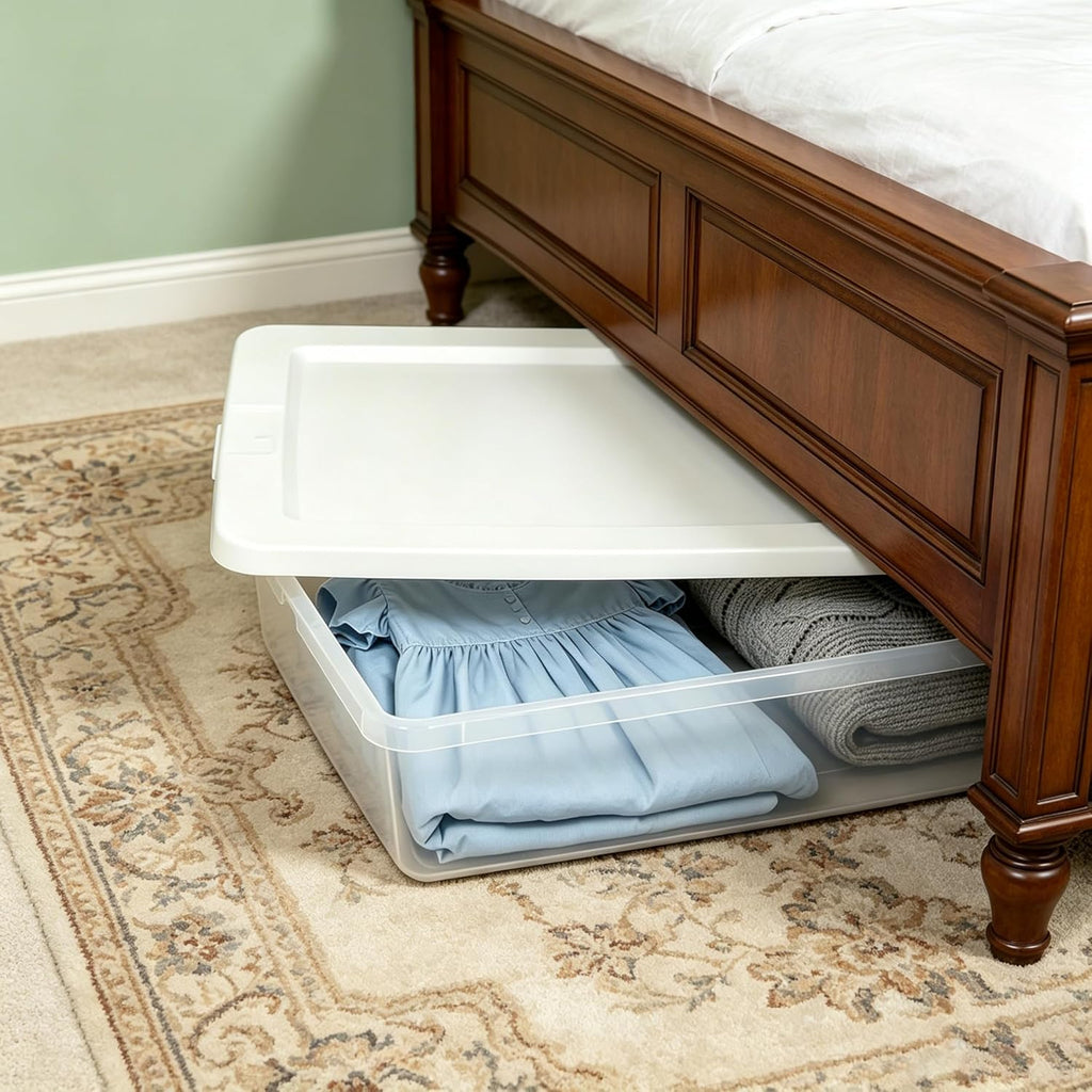 41 Quart Under Bed Storage Containers, Clear, White, 2 Pack | Rigid Plastic, Snap-On Lid, Stackable, Flat Organizer Boxes
