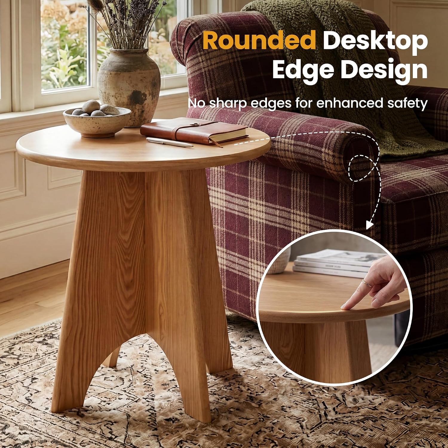 Round Side Table with Unique Panel Leg Design, Sturdy Nightstand for Bedroom, Compact End Table for Living Room, Small Space Accent Table for Couch & Chair (Natural)