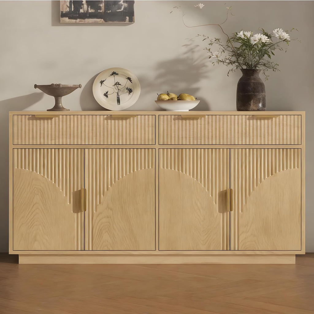 Fluted Sideboard Buffet Cabinet with Storage & 2 Drawers, Modern Buffet Table with Arched Design Doors & Adjustable Shelves, Wooden Accent Cabinet Coffee Bar fo Kitchen, Living Room (1Pc, Natural)