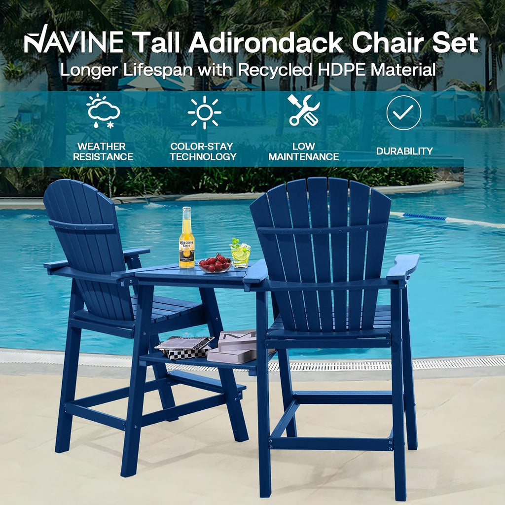 NAVINE Tall Adirondack Chairs Set of 2, HDPE Balcony Chair with Double Connecting Tray, Weather Resistant Outdoor Adirondack Bar Stools for Patio, Deck, Patio, Backyard, Balcony.(Navy Blue)