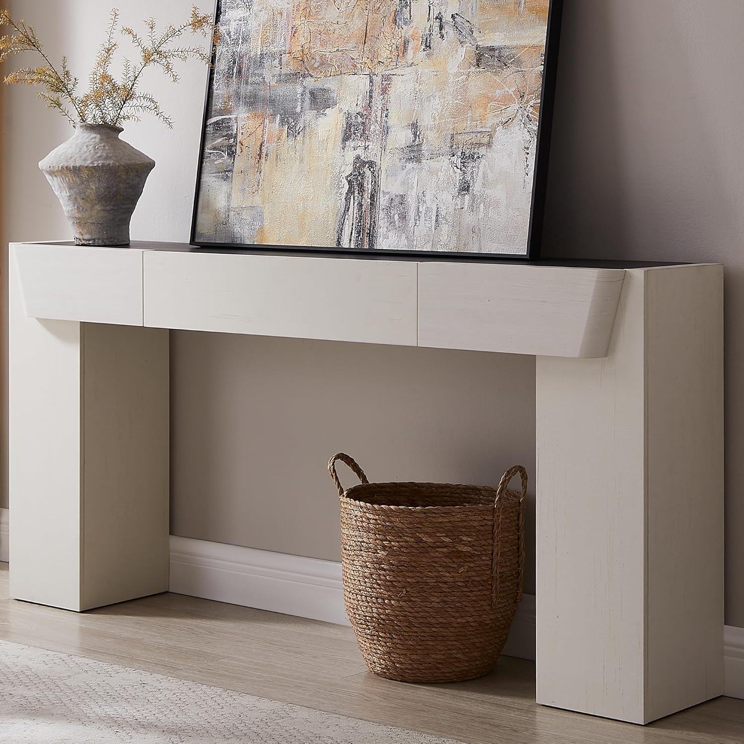 JXQTLINGMU 63" Modern Console Table with Storage Drawer, Entryway Table with Drawers, Thick Wood Legs, Sofa Table Behind Couch, Wood Console Tables for Entryway Hallway Living Room, White and Black