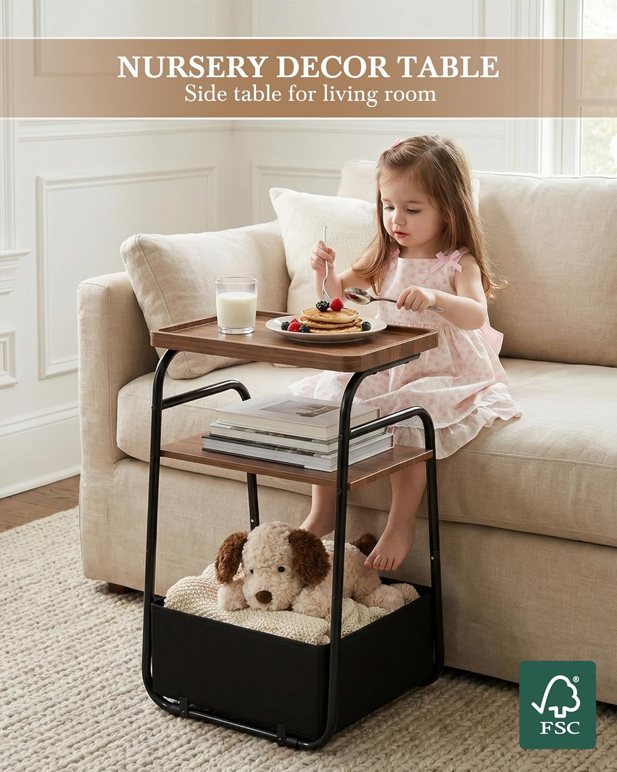 3 Tiers End Table with Fabric Basket, Small Side Table for Small Spaces, Modern Decor Nightstand with Handle, Tv Tray for Living Room, Bedroom, Dorm, Walnut