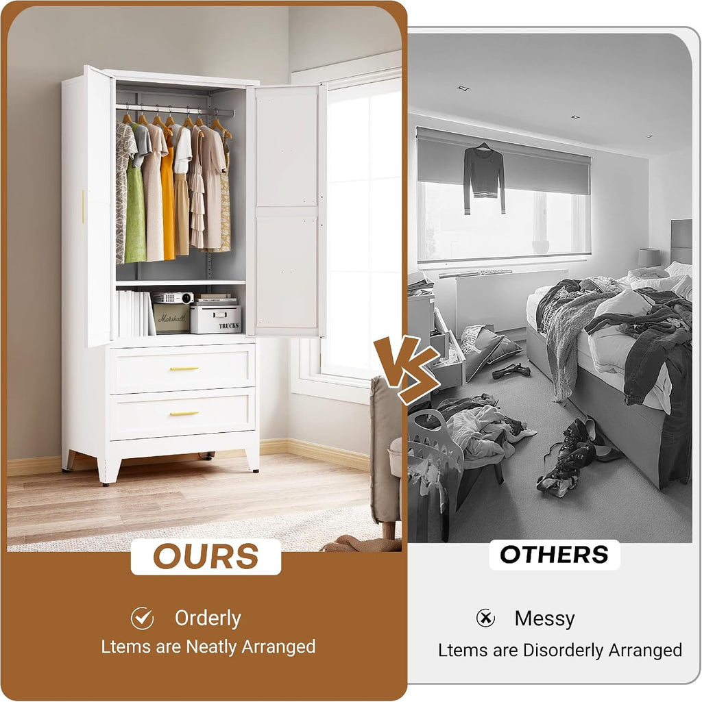 71 "H Armoire Wardrobe Closet with 2 Drawers and Adjustable Shelves | Metal Wardrobe Closet with Doors, Wardrobe Cabinet with Hanging Rod, Closets for Bedroom, Laundry Room, White