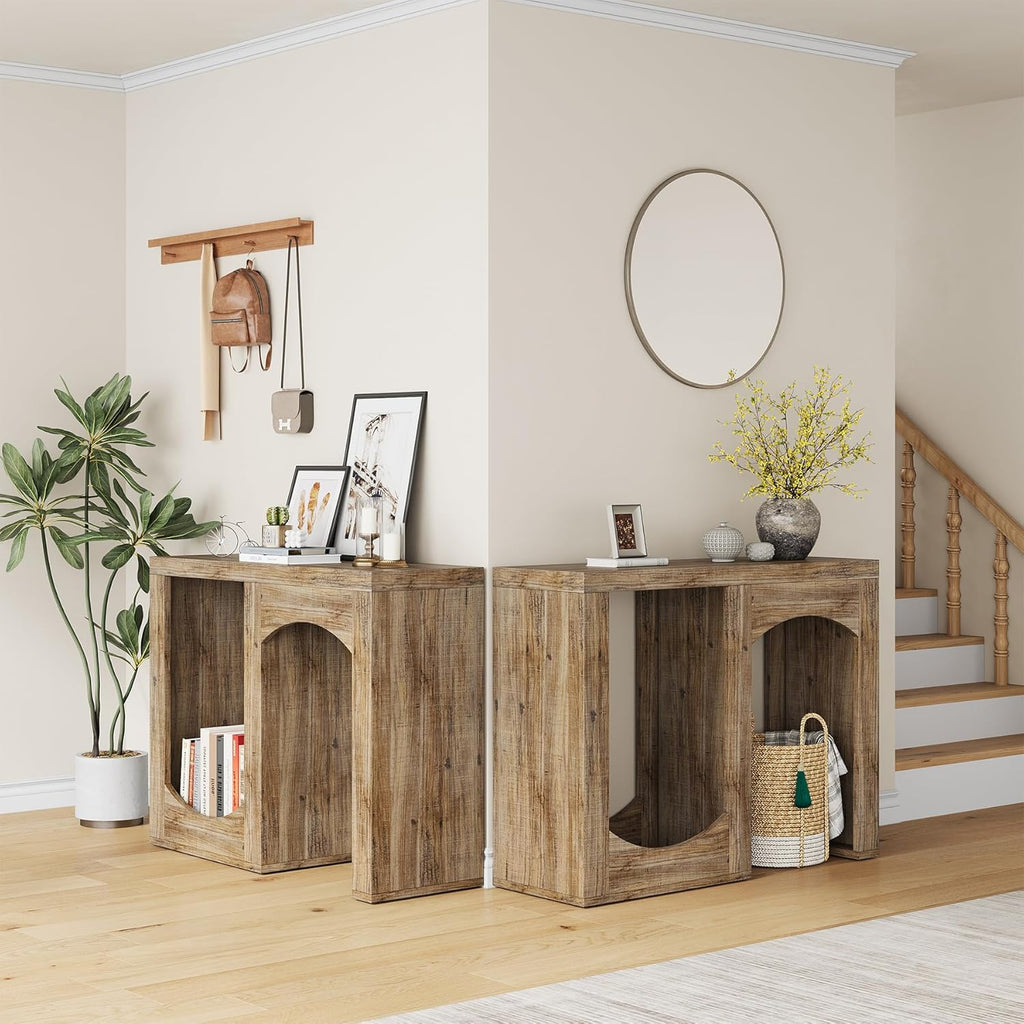70.9" Farmhouse Console Table, Accent Sofa Table with Arched Design, Modular Entryway Table Free-Combination for Entrance, Hallway, Living Room, Rustic Brown,(Set of 2)