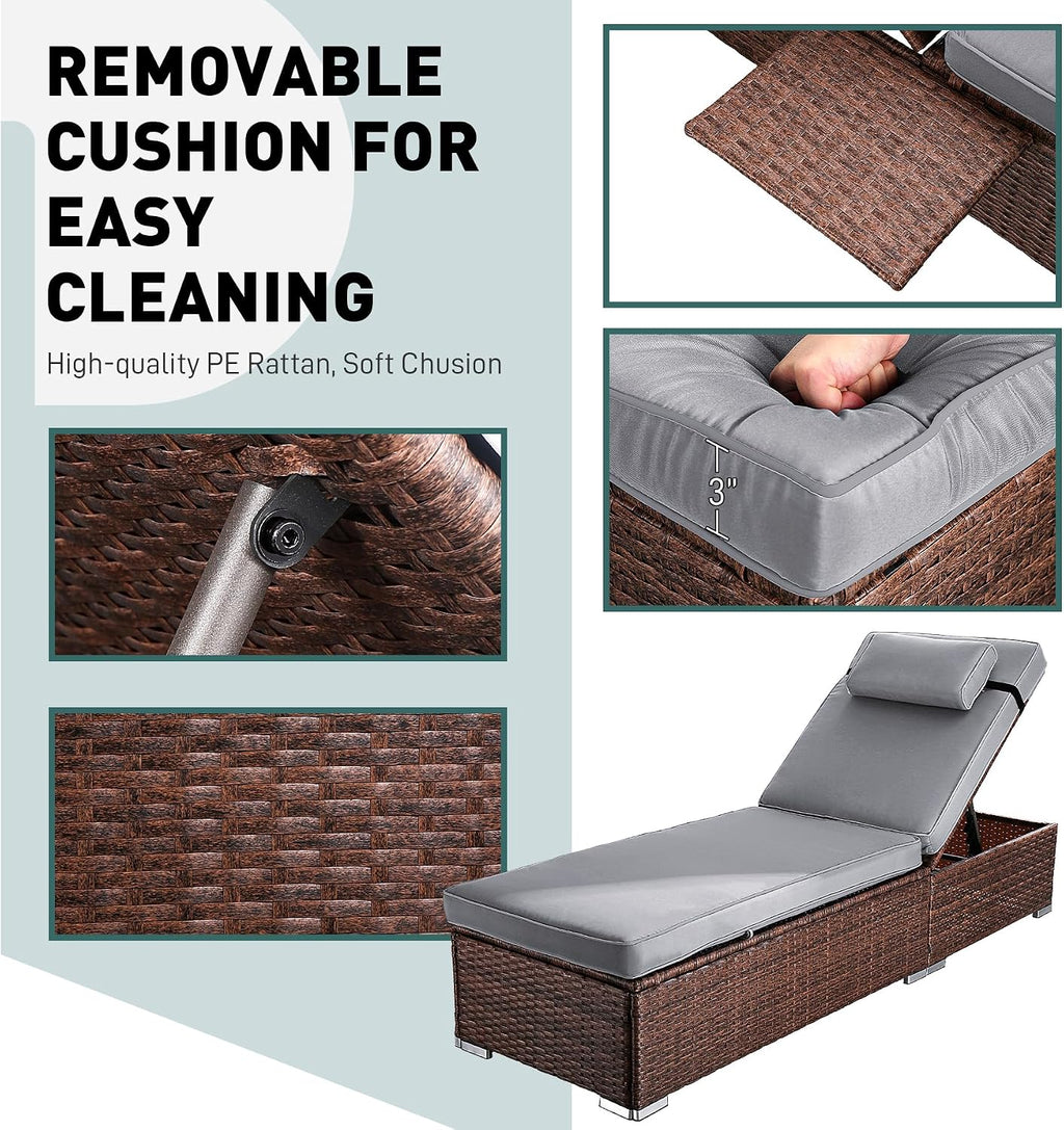 OUYESSIR Chaise Lounge Outdoor Wicker Lounge Chairs for Outside PE Rattan Patio Chairs Pool Loungers Set of 2 for Deck Yard Beach Poolside, with Side Shelf, Adjustable 5 Position, Grey/Brown