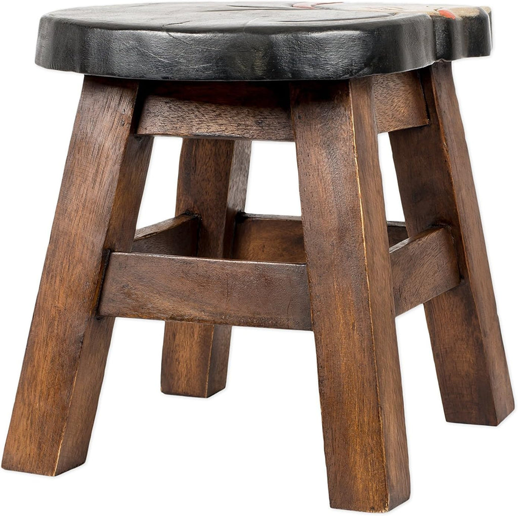 Tuxedo Cat Design Hand Carved Acacia Hardwood Decorative Short Stool