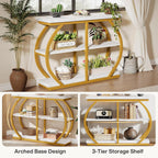 Tribesigns 41.3" Console Table, Industrial 3-Tier Entryway Table with Arched Metal Frame and Storage Shelves for Living Room, Hallway, White Gold