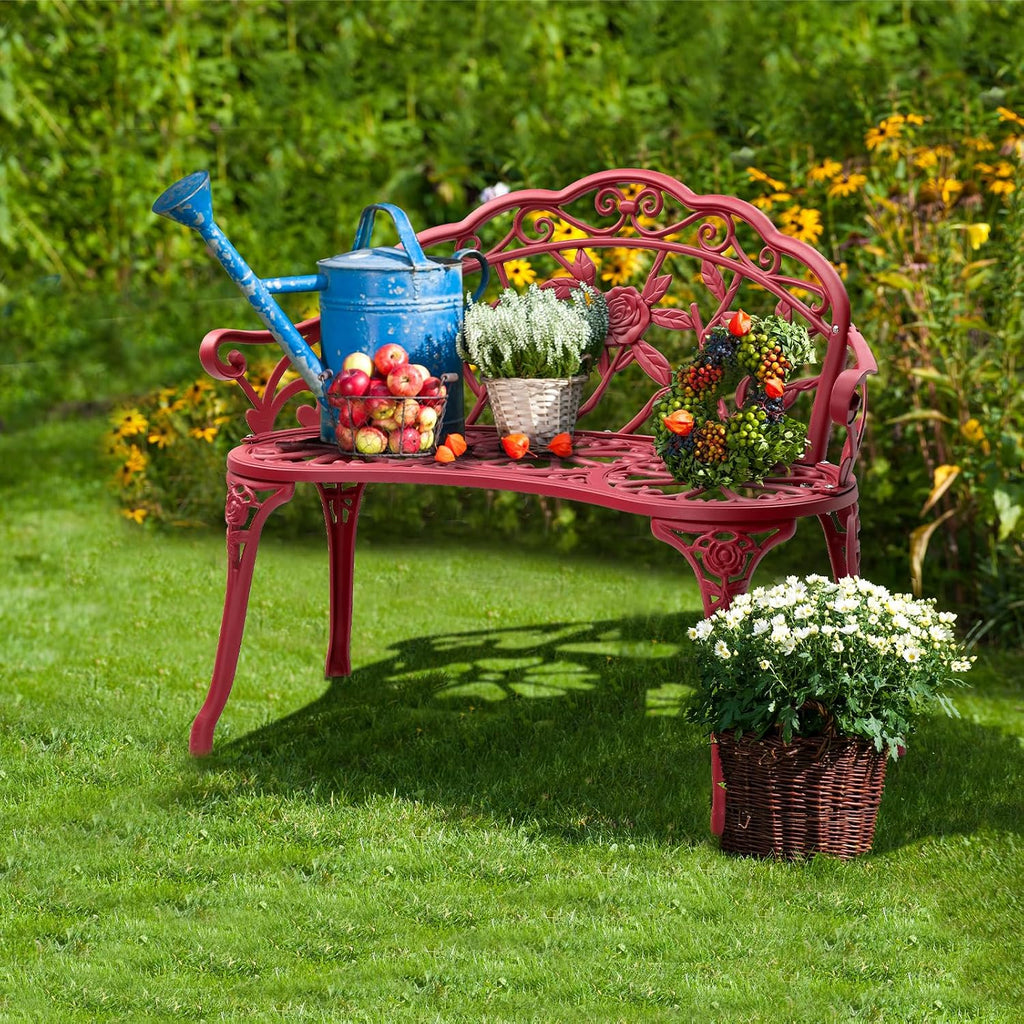 Bonnlo 38.5" Patio Outdoor Bench, Cast Anti-Rust Iron Aluminum Garden Bench with Rose Patten Finish Chair, Entryway Bench 2 Person Seat for Patio, Lawn, Backyard