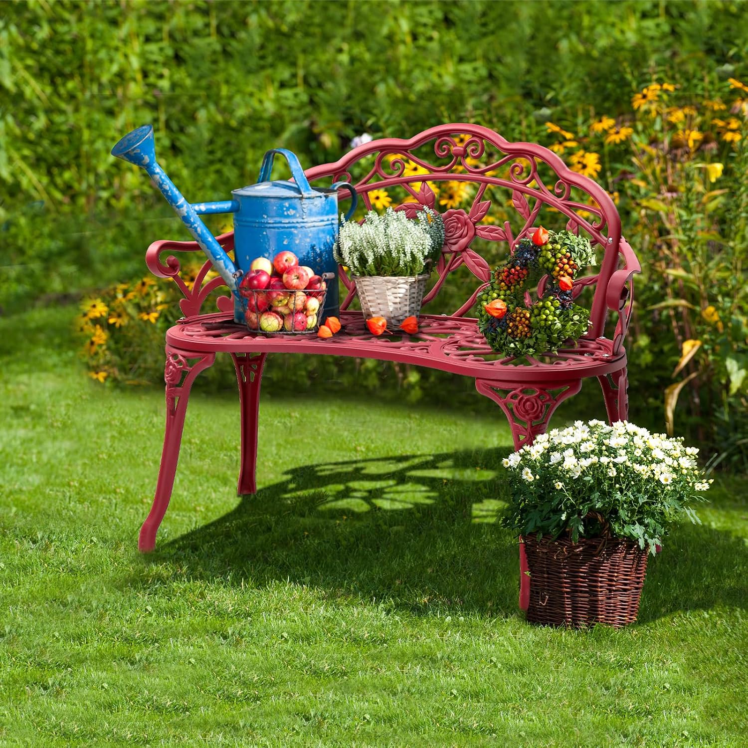 Bonnlo 38.5" Patio Outdoor Bench, Cast Anti-Rust Iron Aluminum Garden Bench with Rose Patten Finish Chair, Entryway Bench 2 Person Seat for Patio, Lawn, Backyard