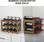 VASMIA Bamboo Wine Rack, Sturdy and Durable Wine Storage Cabinet Shelf, Wine Racks Countertop for Pantry,Kitchen,3-Tier 12 Bottles Wine Rack, Walnut