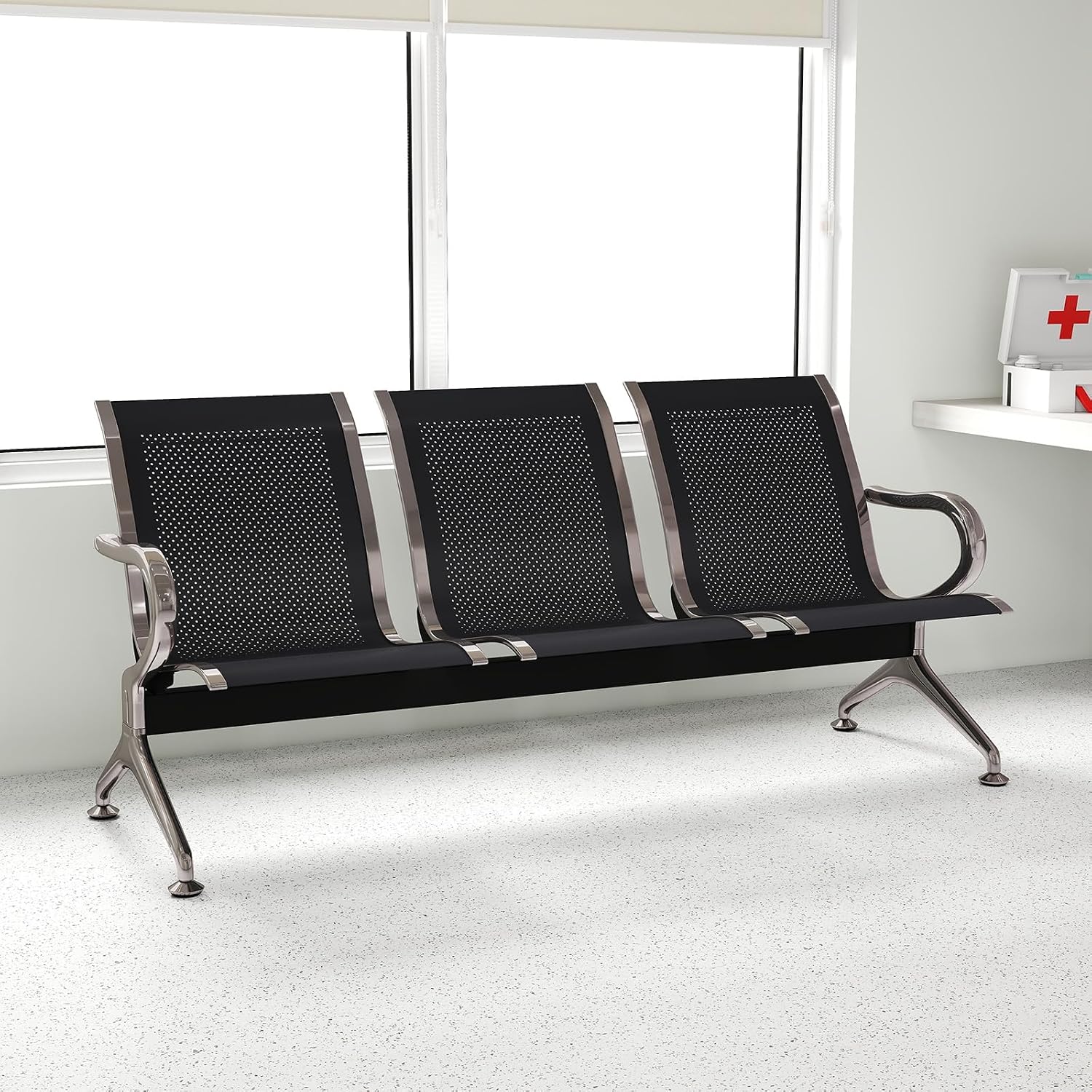 kinbor 3-Seat Waiting Room Chairs with Arms - Modern Reception Bench for Airport, Hospital, Office Lobby - Breathable Mesh & Durable Steel Waiting Area Furniture (Black)