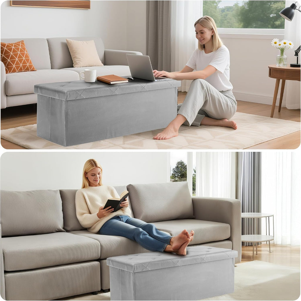 DUMOS 43 Inches Folding Ottoman with Storage Bench, Foot Rest Stool, End of Bed Storage Bench Upholstered, Load 660 lbs, for Living Room, Synthetic Leather, Grey