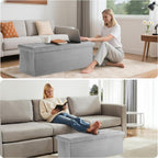 DUMOS 43 Inches Folding Ottoman with Storage Bench, Foot Rest Stool, End of Bed Storage Bench Upholstered, Load 660 lbs, for Living Room, Synthetic Leather, Grey