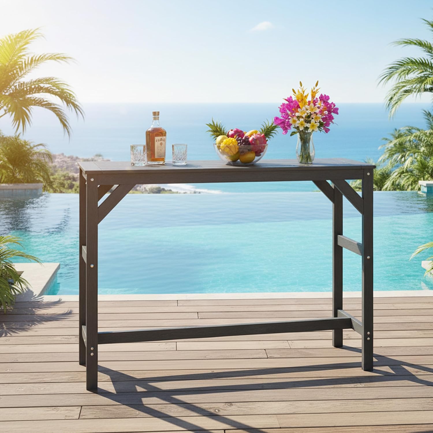 HIPS Outdoor Patio Bar Table, All Weather HIPS Table for Outside, 55" Rectangular High Top Table for Poolside, Patio, Balcony, Deck (Black, Bar Table)