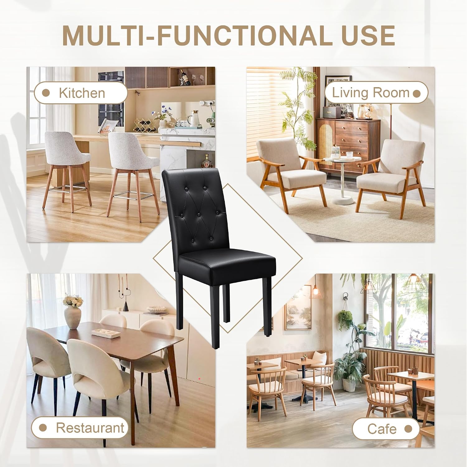 Furmax Upholstered Dining Chairs Set of 2, PU Leather Dinning Room Chairs, Button Tufted Kitchen Chairs with Adjustable Wood Legs for Dining Room/Living Room/Restaurant (Leather Black, 2)