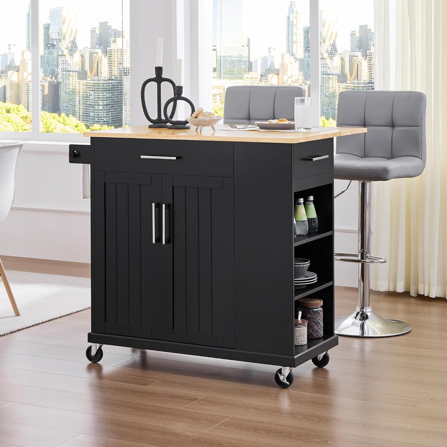 Yaheetech Rolling Kitchen Island Cart with Drop Leaf, Portable Rubberwood Breakfast Bar with Storage Cabinet, Open Shelves & Detachable Towel, 2 Drawers, Black