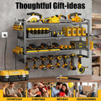 MOOMSINE Large Power Tool Organizer Wall Mount with Charging Station for Garage, 400lbs Metal Storage Rack with 8 Cordless Drill Holder, 4 Tier Heavy Duty Battery Tool Shelf with 5 Outlet Power Strip