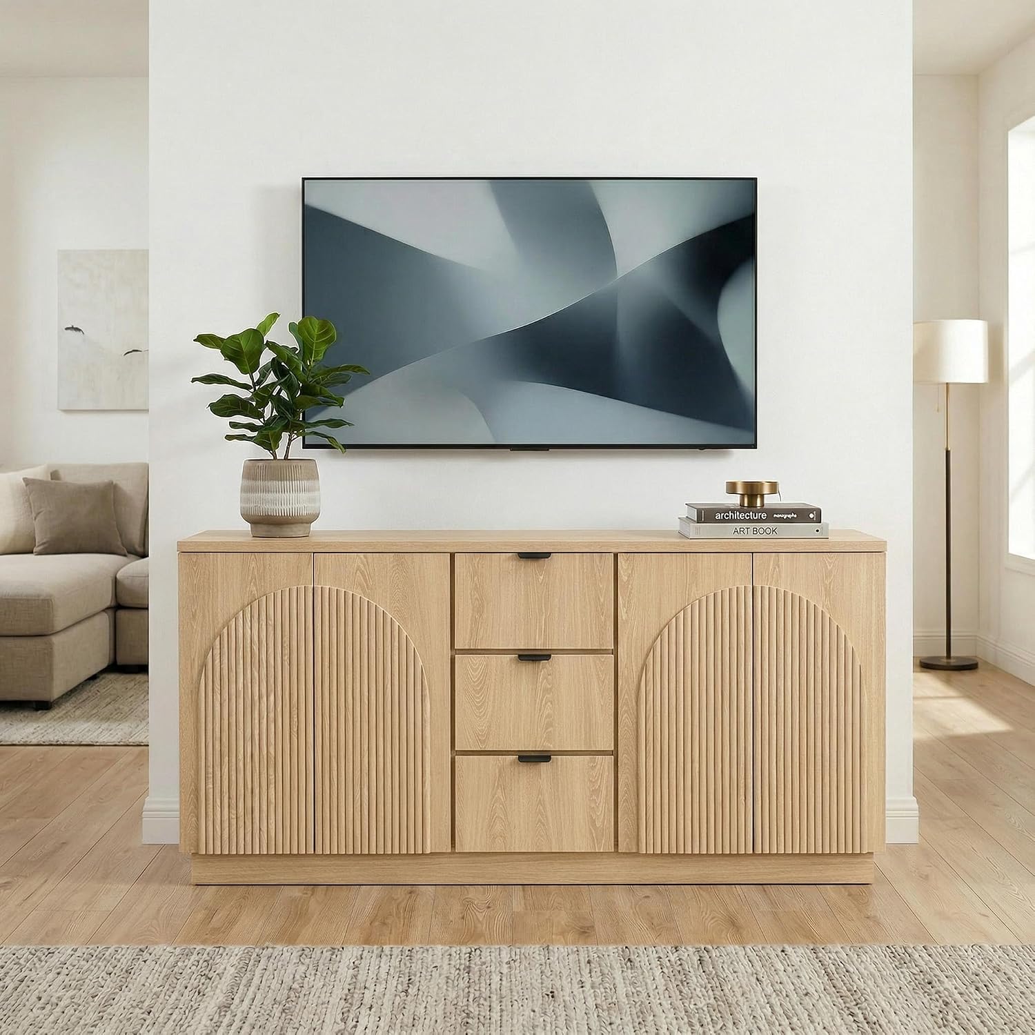 Yechen 67" Fluted Sideboard Buffet Cabinet with 4 Arched Reeded Design Doors &3 Drawers, Mid Century Modern Credenza Storage Cabinet with Adjustable Shelves, for Living Room Dinning Hallway