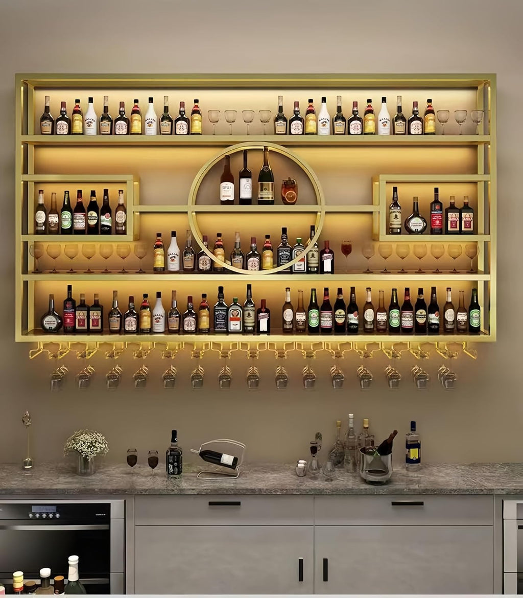 55in Modern Wine Rack Wall Mounted, Metal Wall Bar Shelves for Liquor Bottles with Glass Holder, Multifunctional Wood Bar Shelves Wall Mounted for Home Bar, Dining Room & Kitchen, Gold