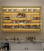 55in Modern Wine Rack Wall Mounted, Metal Wall Bar Shelves for Liquor Bottles with Glass Holder, Multifunctional Wood Bar Shelves Wall Mounted for Home Bar, Dining Room & Kitchen, Gold