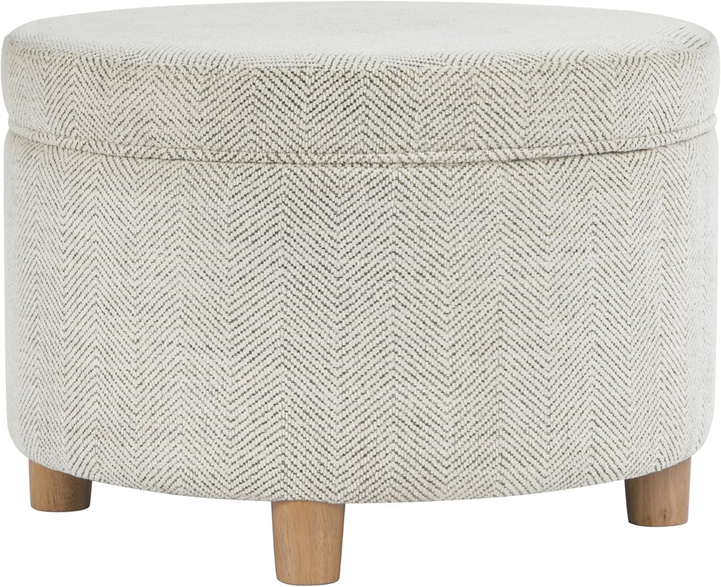 Homepop Home Decor | Upholstered Round Storage Ottoman | Ottoman with Storage for Living Room & Bedroom (Cream Chevron Woven) Large
