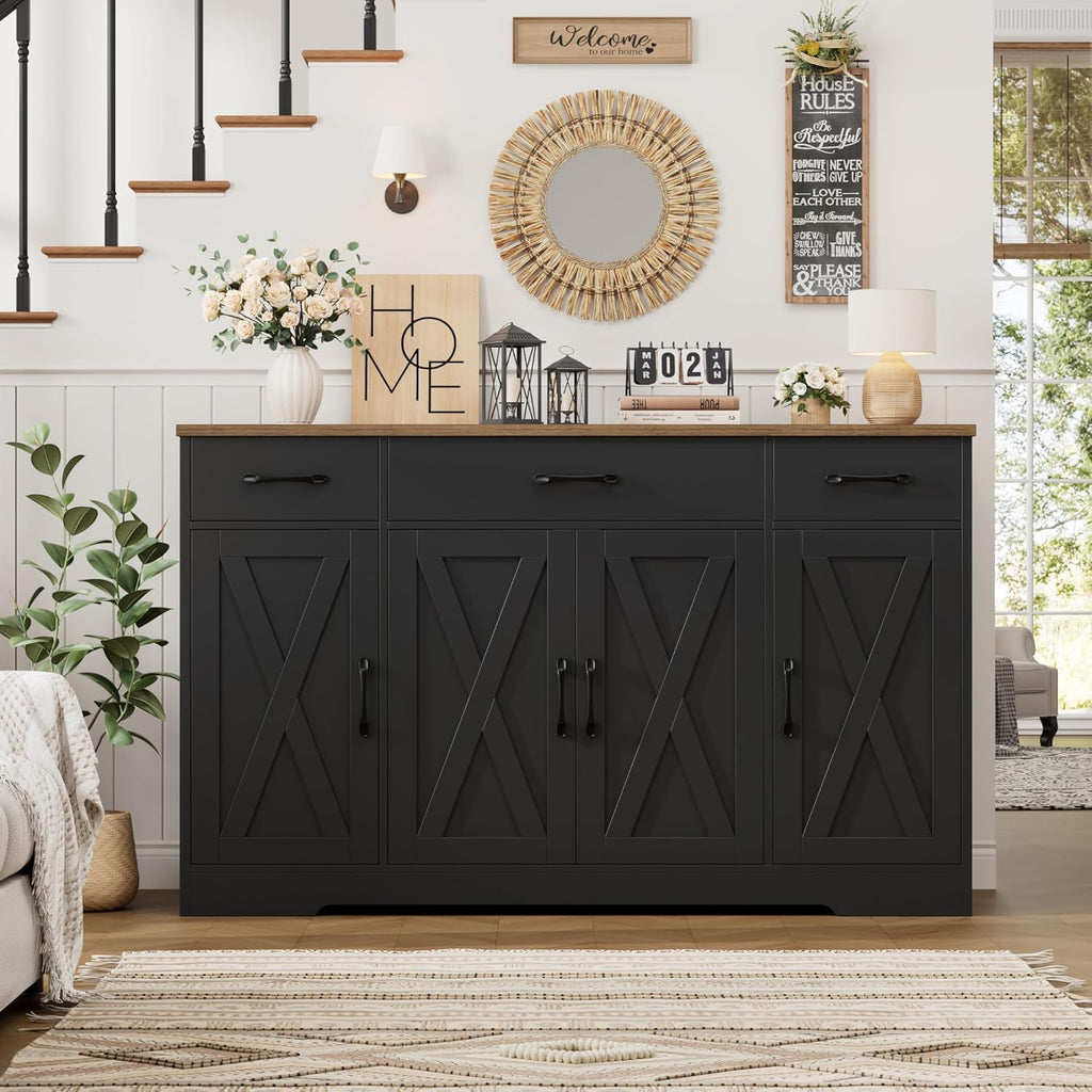 HOSTACK Buffet Sideboard Cabinet with Drawers, 55" Large Buffet Storage Cabinet with Shelves and Doors, Modern Farmhouse Coffee Bar Station for Kitchen, Dining Room, Black/Rustic Brown