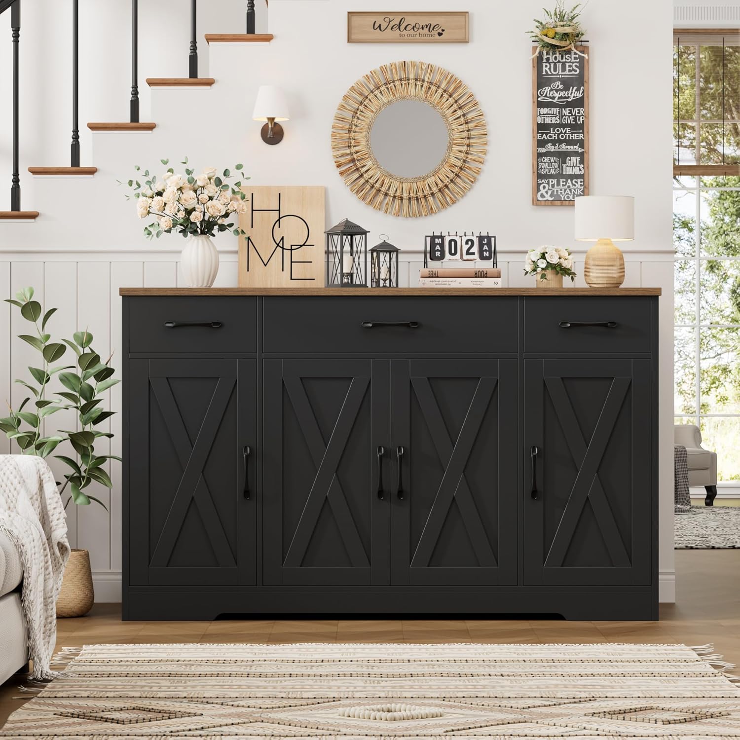 HOSTACK Buffet Sideboard Cabinet with Drawers, 55" Large Buffet Storage Cabinet with Shelves and Doors, Modern Farmhouse Coffee Bar Station for Kitchen, Dining Room, Black/Rustic Brown