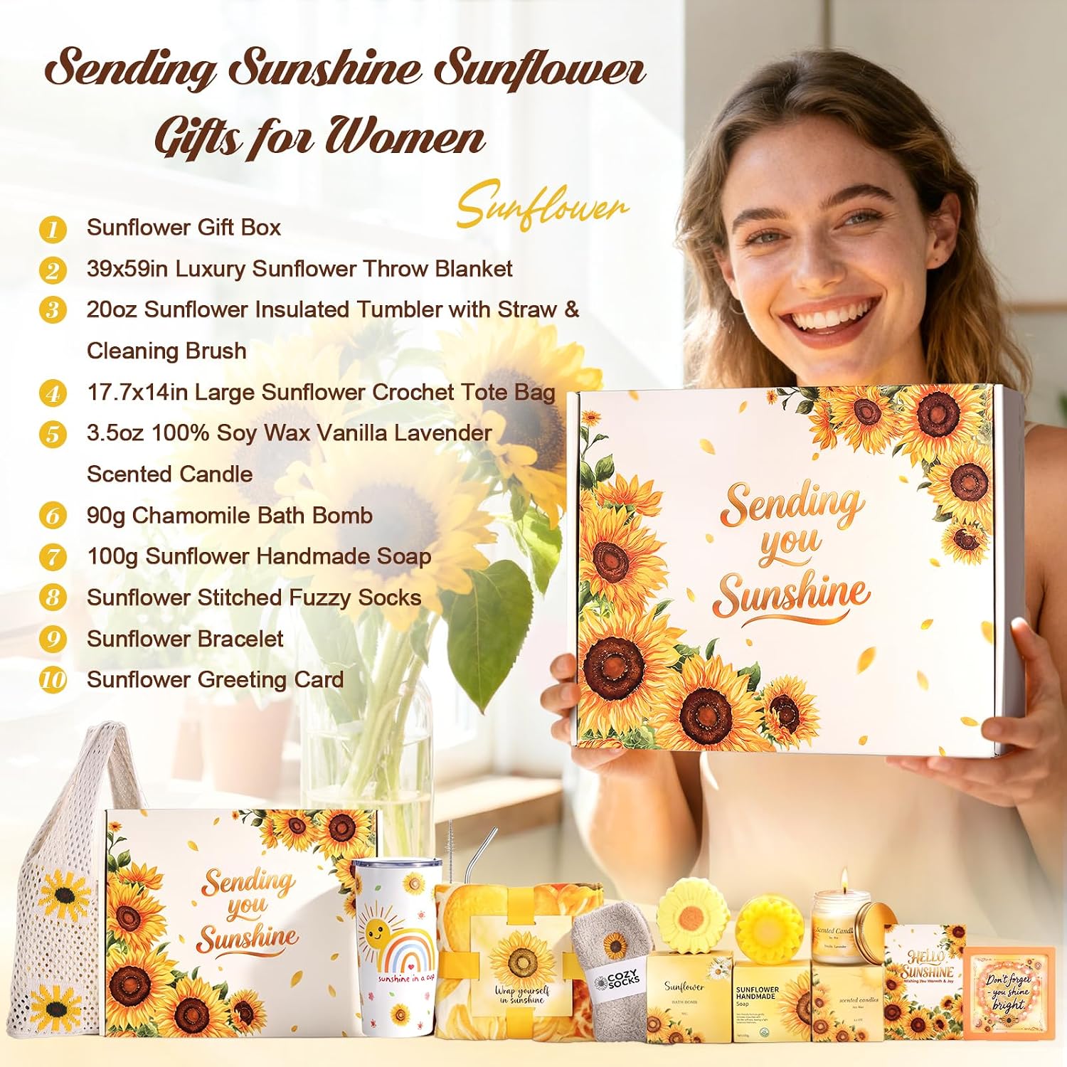 Sunflower Gifts Tote Bag Gift Set for Womens Self Care Gift - Birthday Gifts Box for Women Mom Wife Sister Daughter Friend Coworker, Sunflower Gifts Basket Sunshine Box Care Package for Women Her