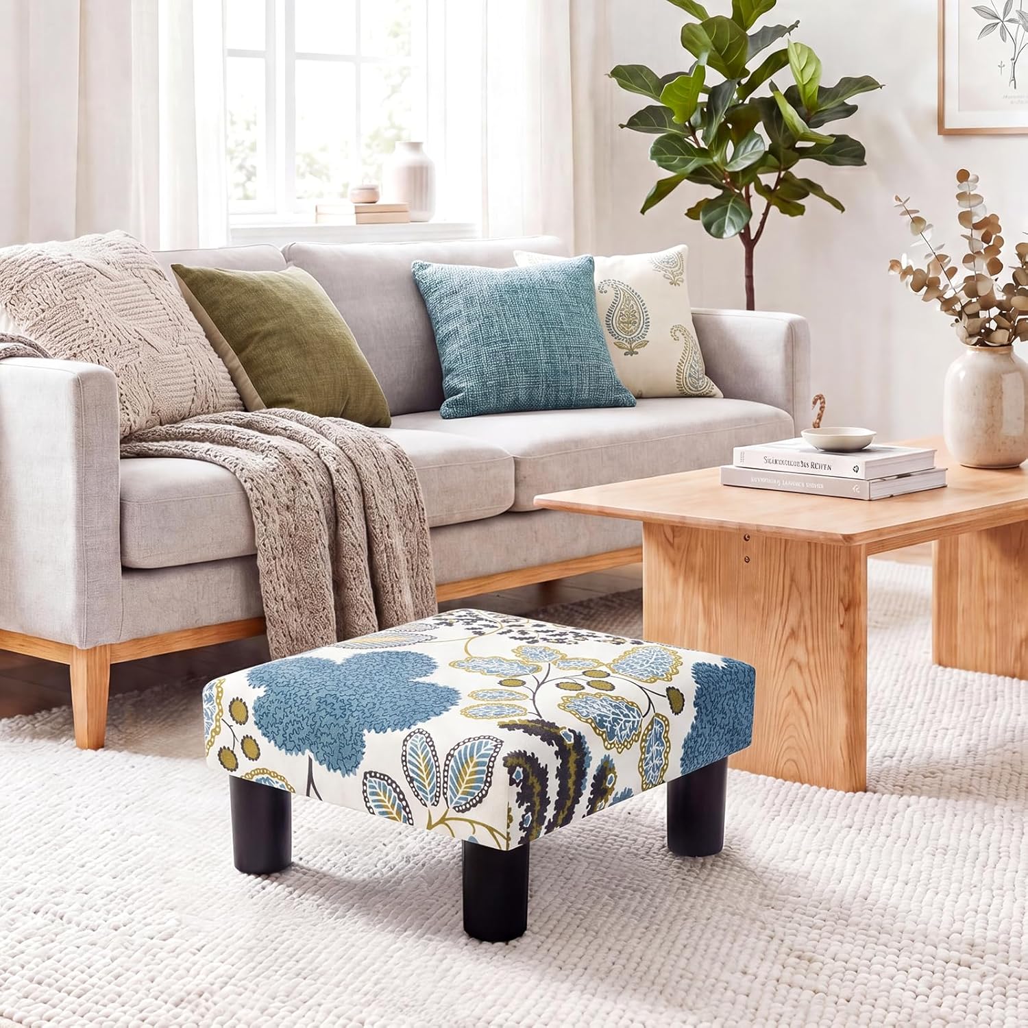 Joveco Small Foot Rest Stool Ottoman, Square Upholstered Fabric Footstool for Couch, Under Desk, Office, Living Room, Blue Floral