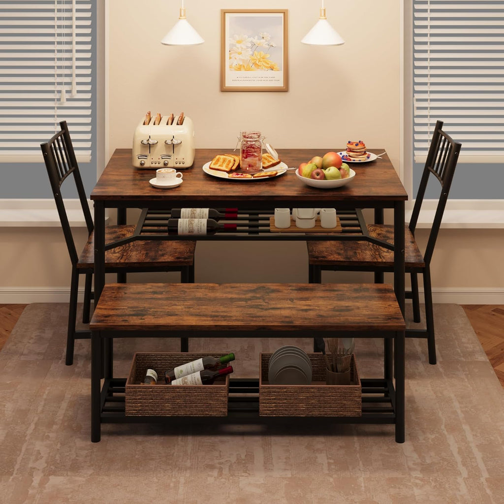Garvee Dining Table Set for 4 with Bench and Chairs, 4-Piece Kitchen Table Set with Storage – Space-Saving Dining Table for Apartments and Dining Rooms, Brown