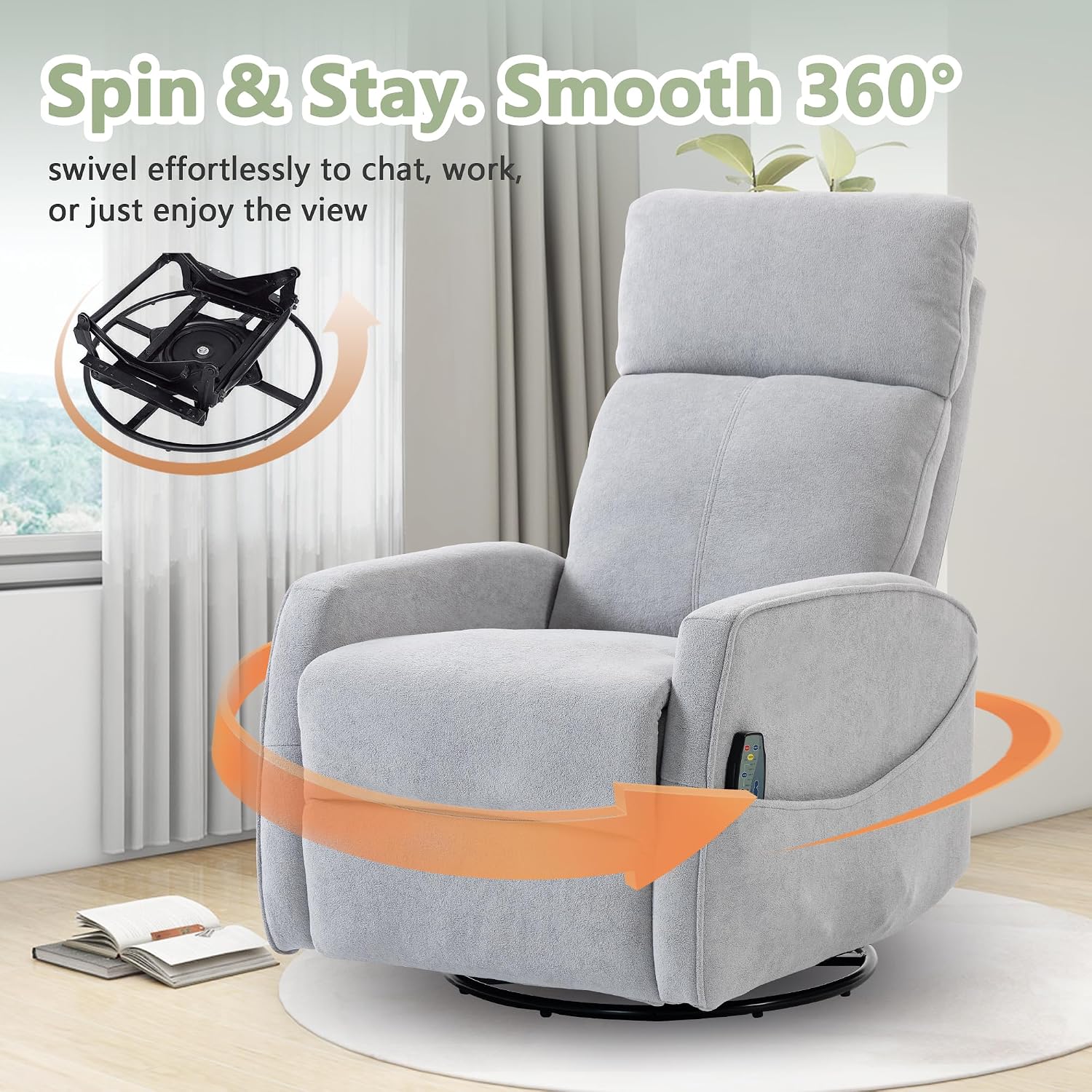 Heated Massage Swivel Rocker Recliner Chair for Nursery - Small Space Reclining Chair with Lumbar Support, 360° Swivel & Gentle Rocking, Ergonomic High Back Short Plush Light Grey