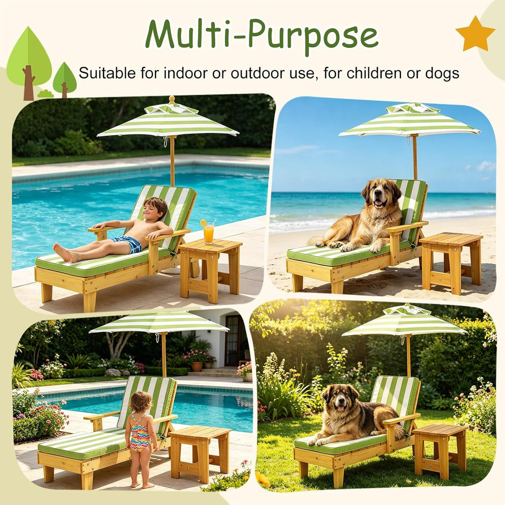 Kids Lounge Chair Outdoor, Toddler Wood Double Pool Lounger Chairs w/Canopy, Removable Stripped Fabric Cushions, Shaded Comfort for Kids Room or Patio Lounge Use(Green)