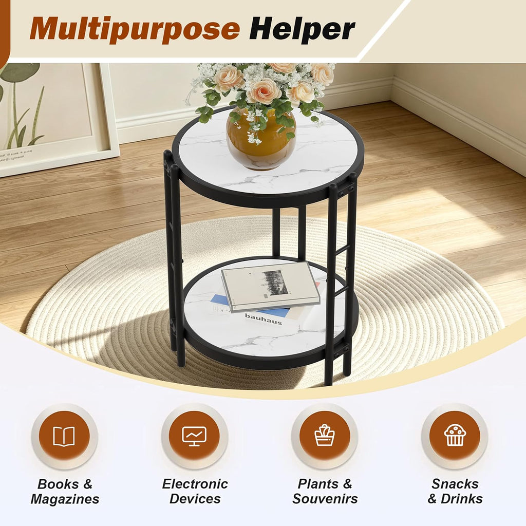 Alunaune Industrial End Table, 2-Tier Round Side Table, Small Modern Storage Shelf Metal Coffee Table Nightstand for Living Room Bedroom-White