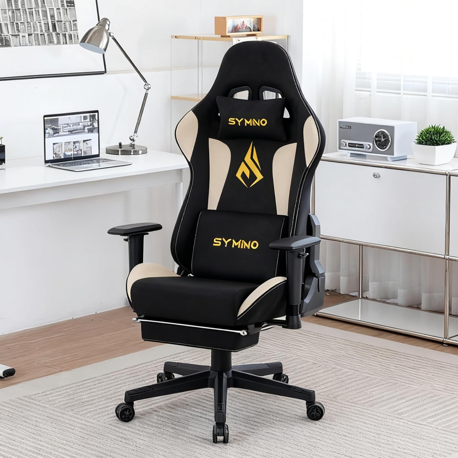 Symino Gaming Chair, Two-Tone Design, Wraparound Seat, Lumbar & Head Support, 150° Tilt, Class 3 SGS Gas, 330 lbs (Faux Suede, Black Beige)