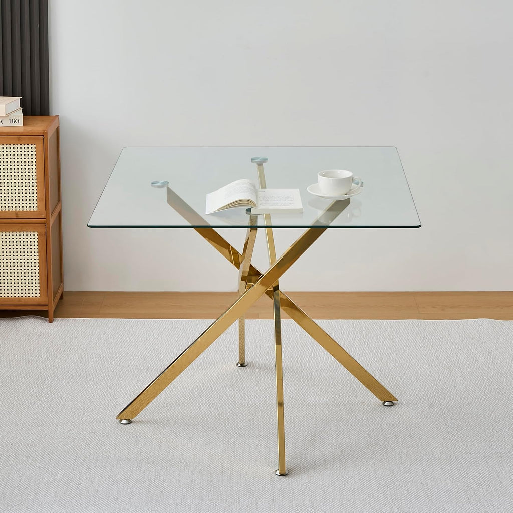 Henf 36'' Tempered Glass Dining Table for 2-4 People, Square Kitchen Table with Gold X-Base Metal Legs, Adjustable Feet, Glass Desk for Small Space, Gold Square Dining Room Table for 4