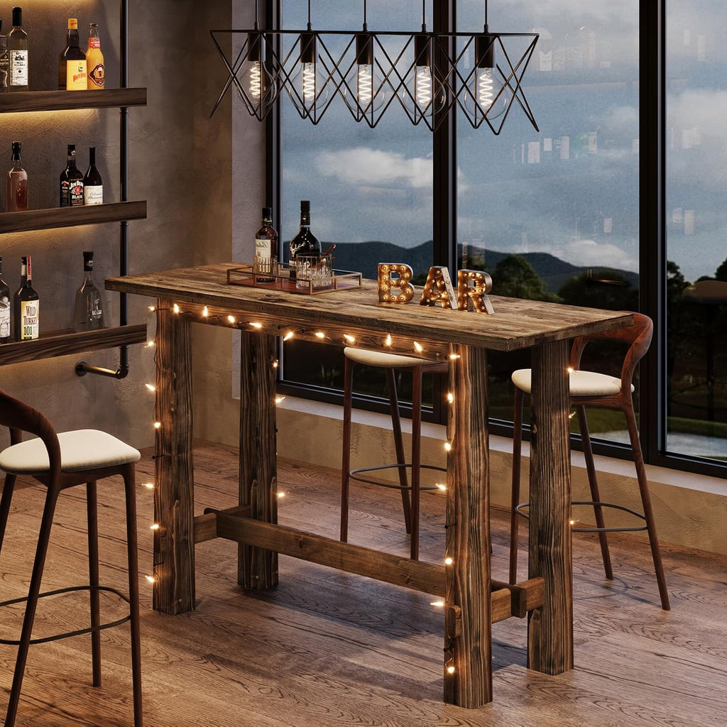 Solid Wood Bar Table, 63" Long Bar Height Pub Table, Narrow Home Bar Unit, Tall Wooden High Top Table for Kitchen, Home Bar, Café or Restaurant, Rustic Brown