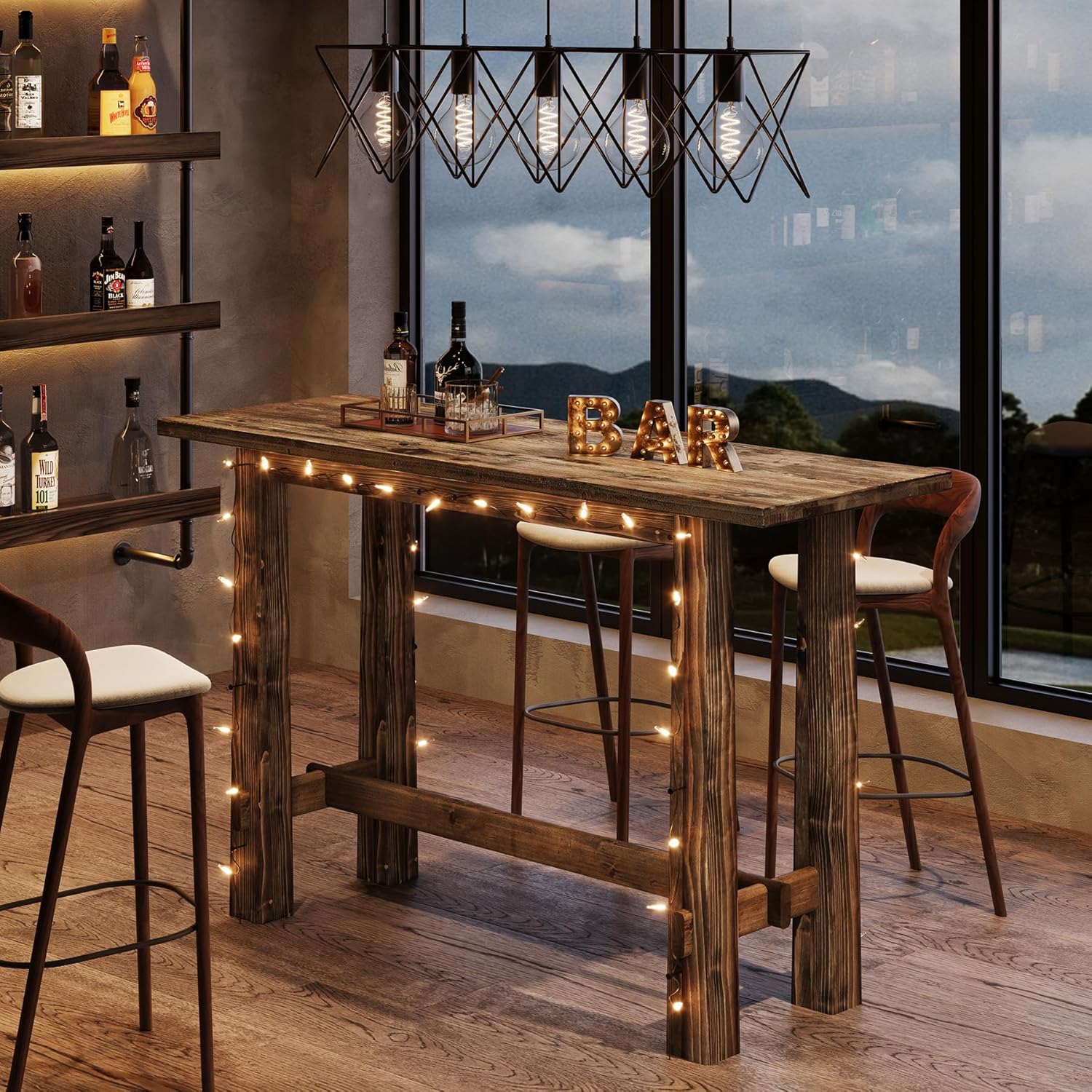 Solid Wood Bar Table, 63" Long Bar Height Pub Table, Narrow Home Bar Unit, Tall Wooden High Top Table for Kitchen, Home Bar, Café or Restaurant, Rustic Brown