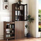 Ultra-Slim 70.87" H Display Storage Cabinet w/ 4-Tier Pull-Out Multi-Functional Shelves & 2 Glass Doors – Modern Wooden Kitchen Pantry Cabinet for Living/Dining/Kitchen – Space-Saving Design (Walnut)