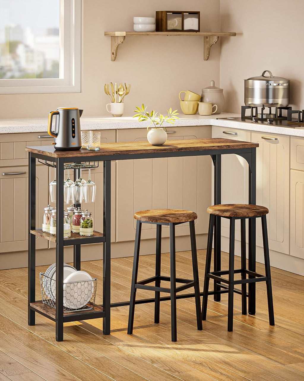 Qsun 3-Piece Bar Table Set for 2, Bar Height Table with Stools & 2 Storage Shelves, Small Bar Table Set with Glass Rack, Small Kitchen Table for Dining Room, Living Room, Rustic Brown