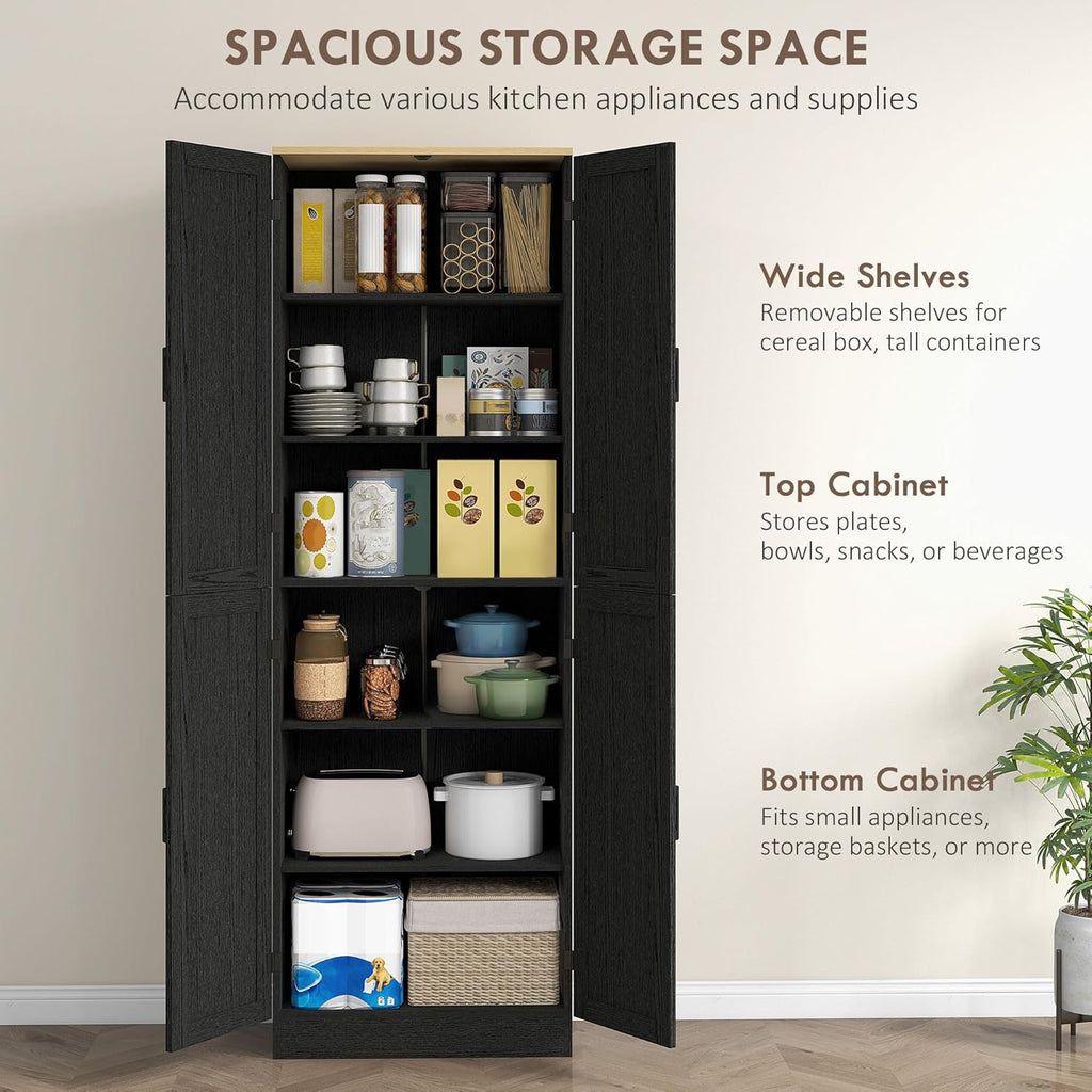 HOMCOM 67" Freestanding Kitchen Pantry, 4-Door Storage Cabinet Organizer with Adjustable Shelves, Kitchen Cabinet with Doors, Distressed Black