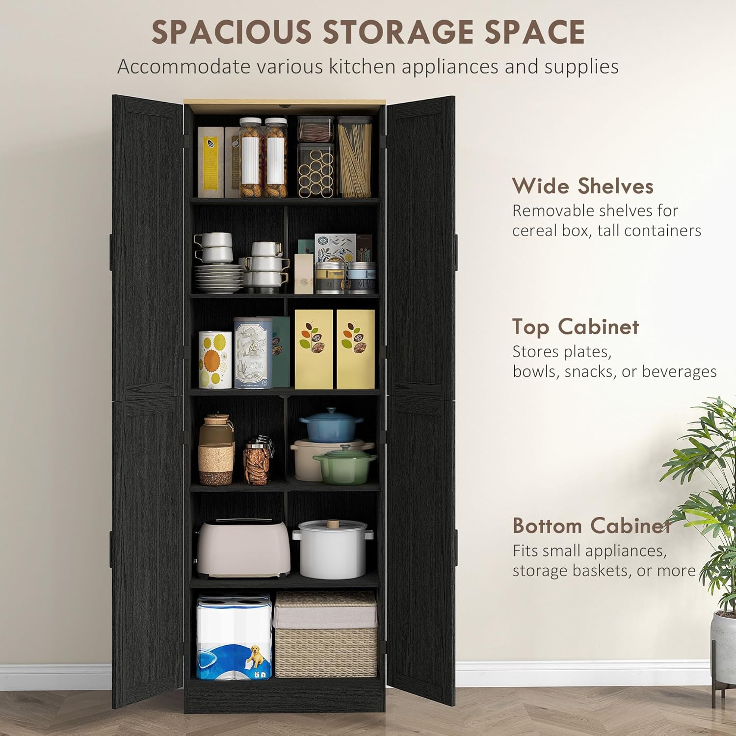 HOMCOM 67" Freestanding Kitchen Pantry, 4-Door Storage Cabinet Organizer with Adjustable Shelves, Kitchen Cabinet with Doors, Distressed Black