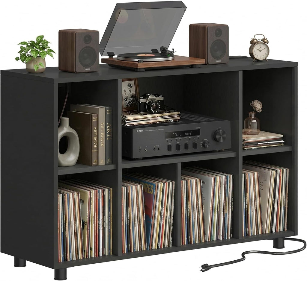 Record Player Stand with Charging Station, Black | Vinyl Record Storage Cabinet, Holds Up to 500+ Albums, Turntable Stand with Large Tabletop for Living Room Music Room Studio