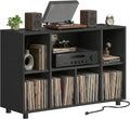 Record Player Stand with Charging Station, Black | Vinyl Record Storage Cabinet, Holds Up to 500+ Albums, Turntable Stand with Large Tabletop for Living Room Music Room Studio