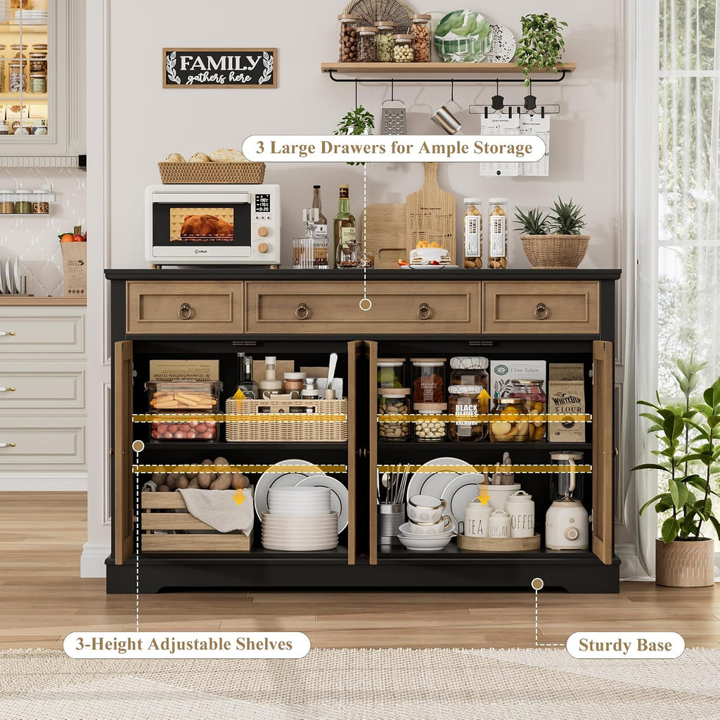 FINETONES Buffet Cabinet with Storage, 52.7" Large Sideboard Buffet Table, Kitchen Cabinet with 3 Drawers and 4 Doors, Wood Coffee Bar for Kitchen Dining Room, Black/Brown