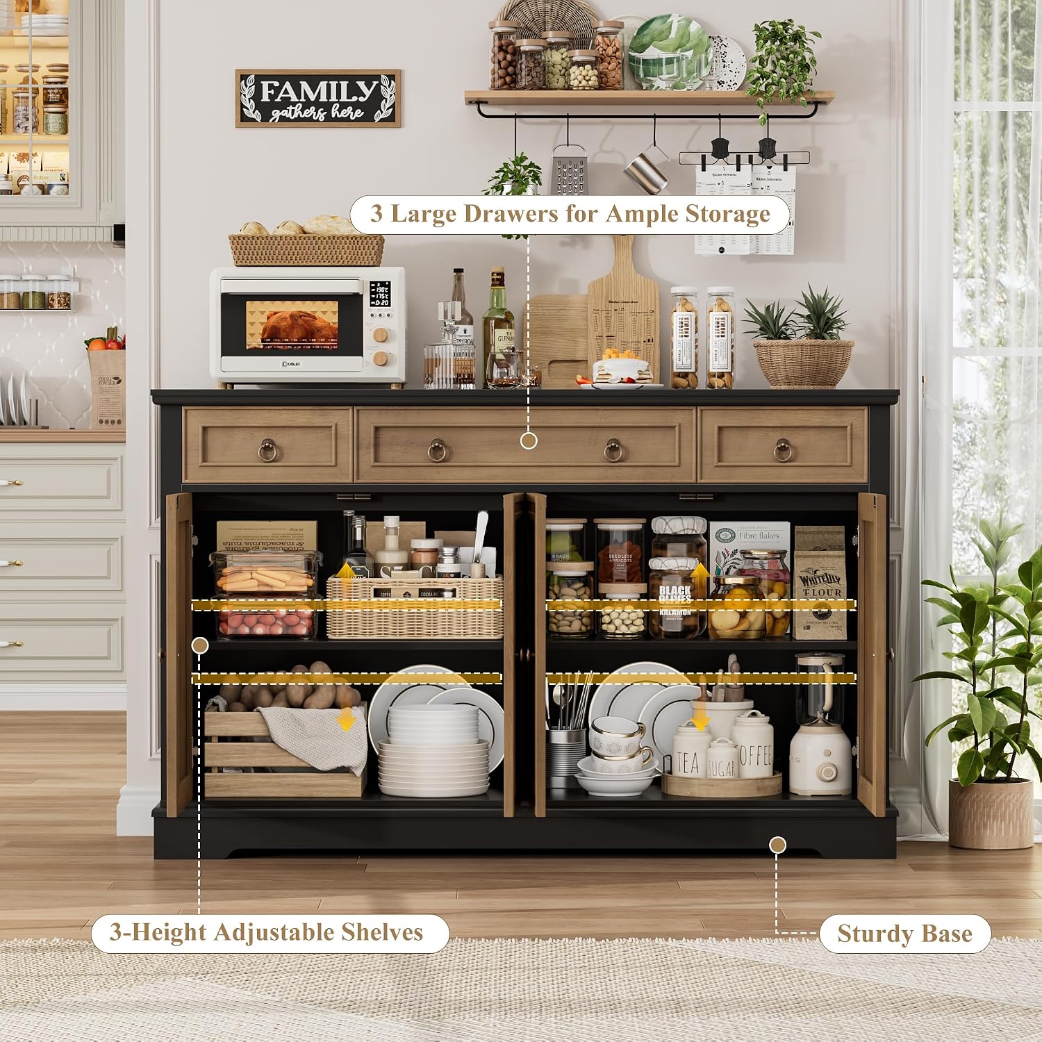 FINETONES Buffet Cabinet with Storage, 52.7" Large Sideboard Buffet Table, Kitchen Cabinet with 3 Drawers and 4 Doors, Wood Coffee Bar for Kitchen Dining Room, Black/Brown