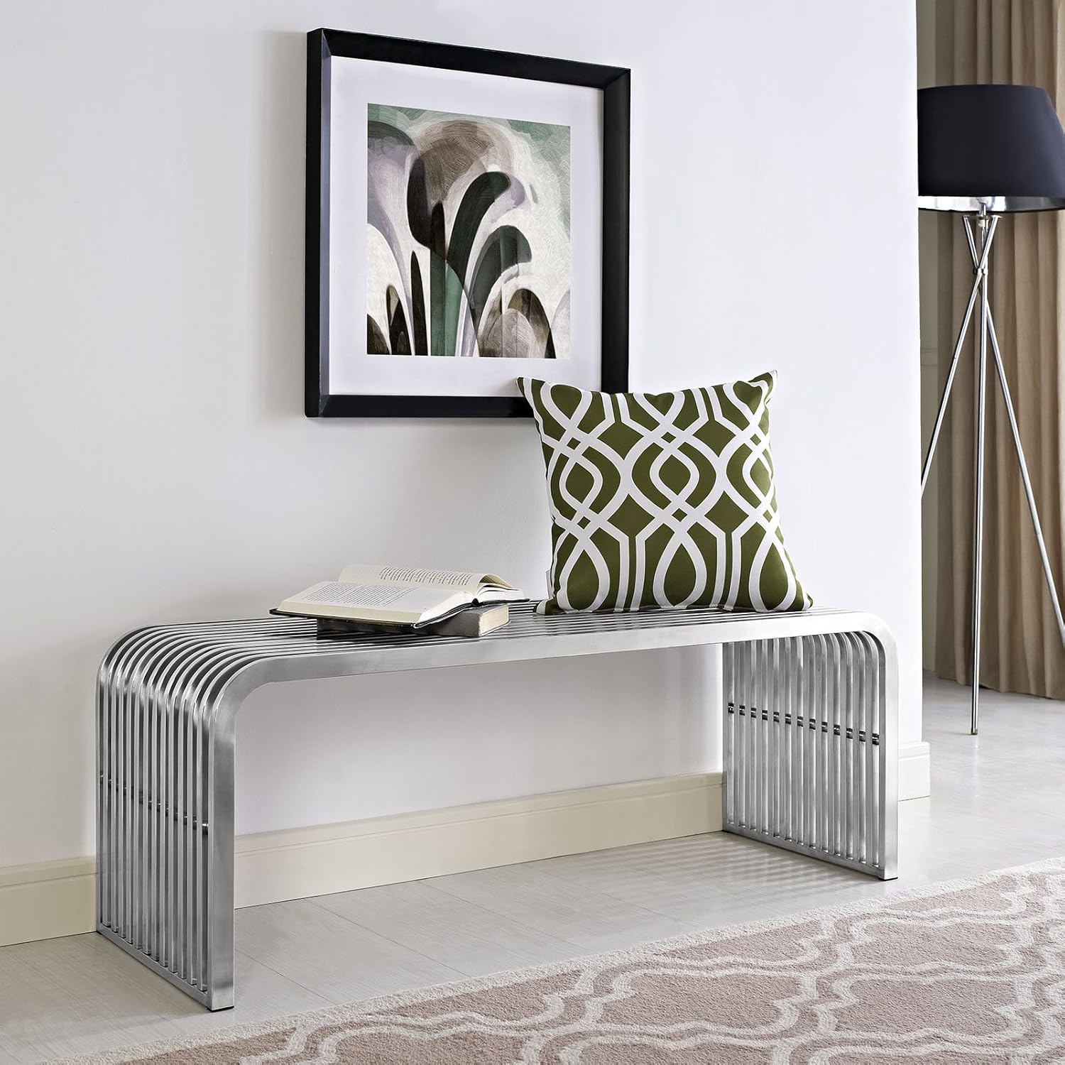Modway Pipe Contemporary Modern Stainless Steel Metal Bench, 47"