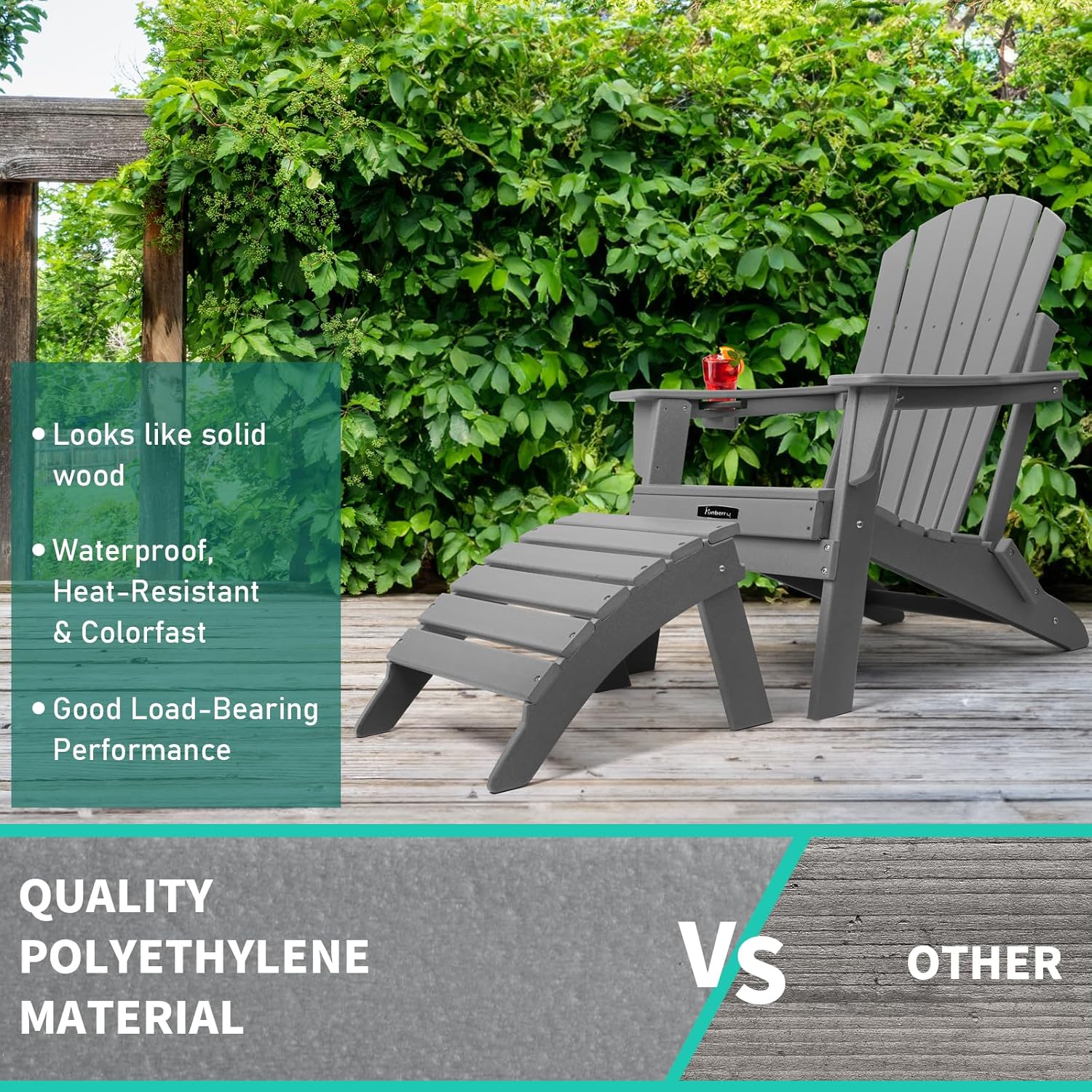 FUNBERRY Folding Adirondack Ottoman Set of 2, HDPE All Weather Outdoor Foot Rest, Easy Storage Patio Footstool, Ottomans and Footstools for Outside