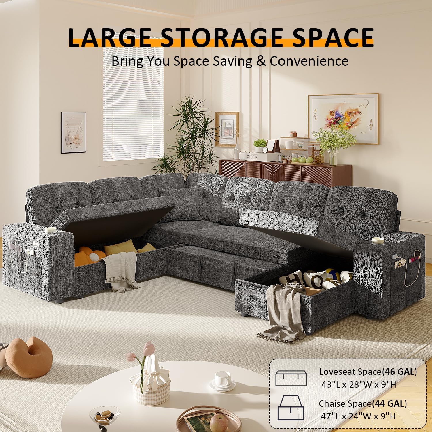 Modular Sectional Sleeper Sofa with Pull Out Bed, 108 Inch U Shaped 7 Seat Couches for Living Room, Chenille Fabric Cloud Couch Bed with Storage & Reclining Backrest, USB Charging, Grey