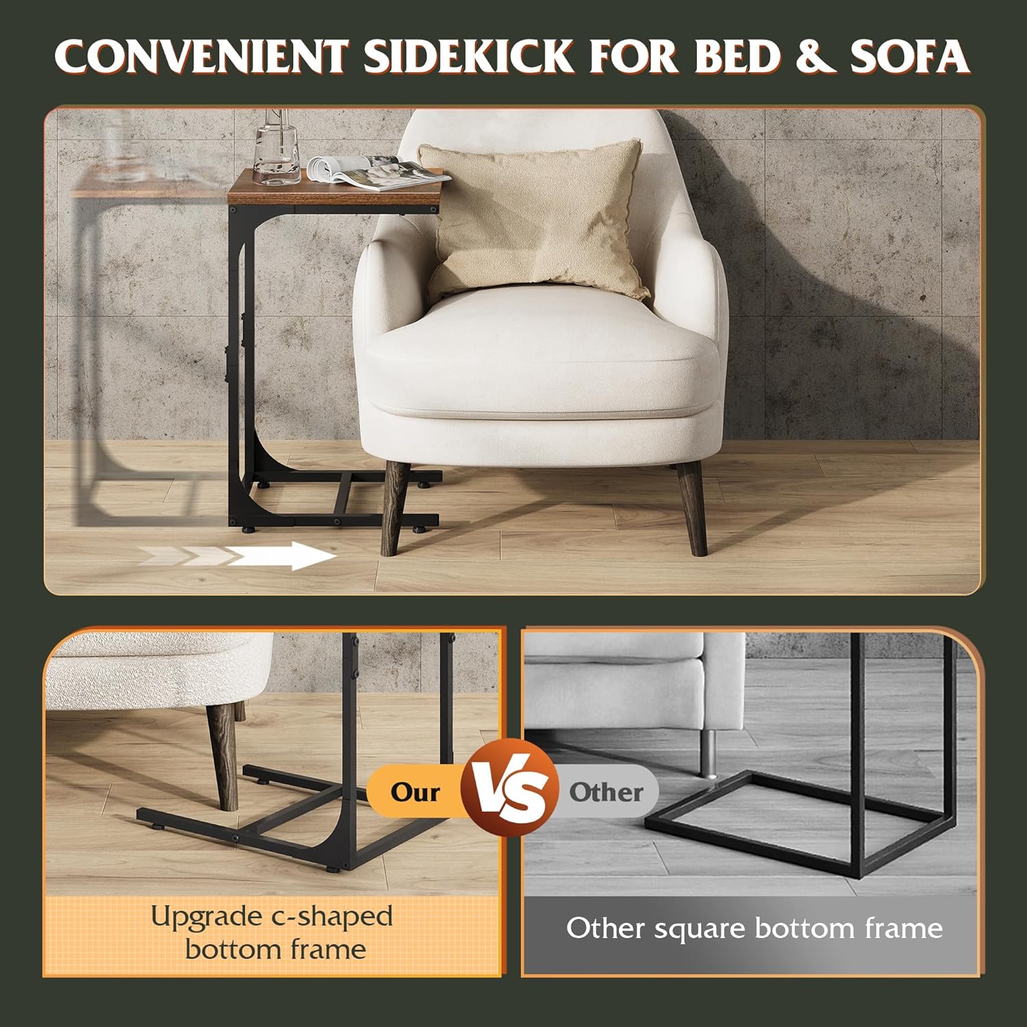 WLIVE C Shaped End Table, Small Couch Side Tables with Metal Frame that Slide Under, Sofa Table TV Tray for Living Room, Bedroom, Rustic Brown